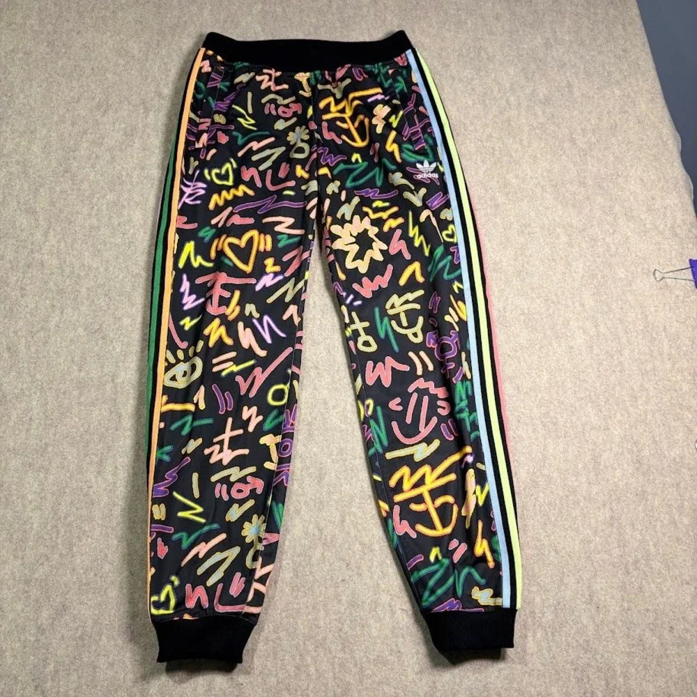 Adidas Track Pants Womens S Black Neon Graffiti Print Joggers Festival Y2K Logo - Picture 2 of 8